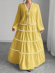 SHEIN Tall Plus Size Women 2 Pieces Set: Textured Long Sleeve Tie-Front Cardigan With Colorblock Ruffled Long Flared Midi Skirt, Elegant French Romantic Style Fall Cloth For Women - Yellow - View 5