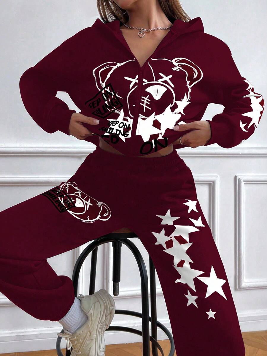 StreetHx 2pcs/Set Bear & Star Print Hooded Sweatshirt And Sweatpants - Burgundy - View 1