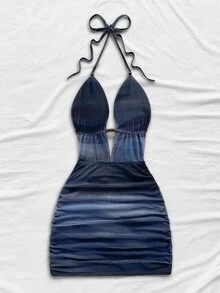 Soleia 女式复古扎染抽象印花深 V 领露背系带褶饰紧身迷你连衣裙，性感时尚夏季服装，适合派对、约会、下午茶、海滩度假 - 彩色 - 查看 3