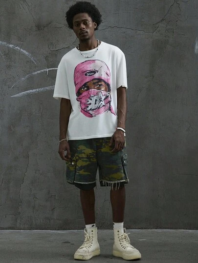 Manfinity Roghcode Men Street Style Oversized Pink Graphic Printed Hip-Hop T-Shirt Tee