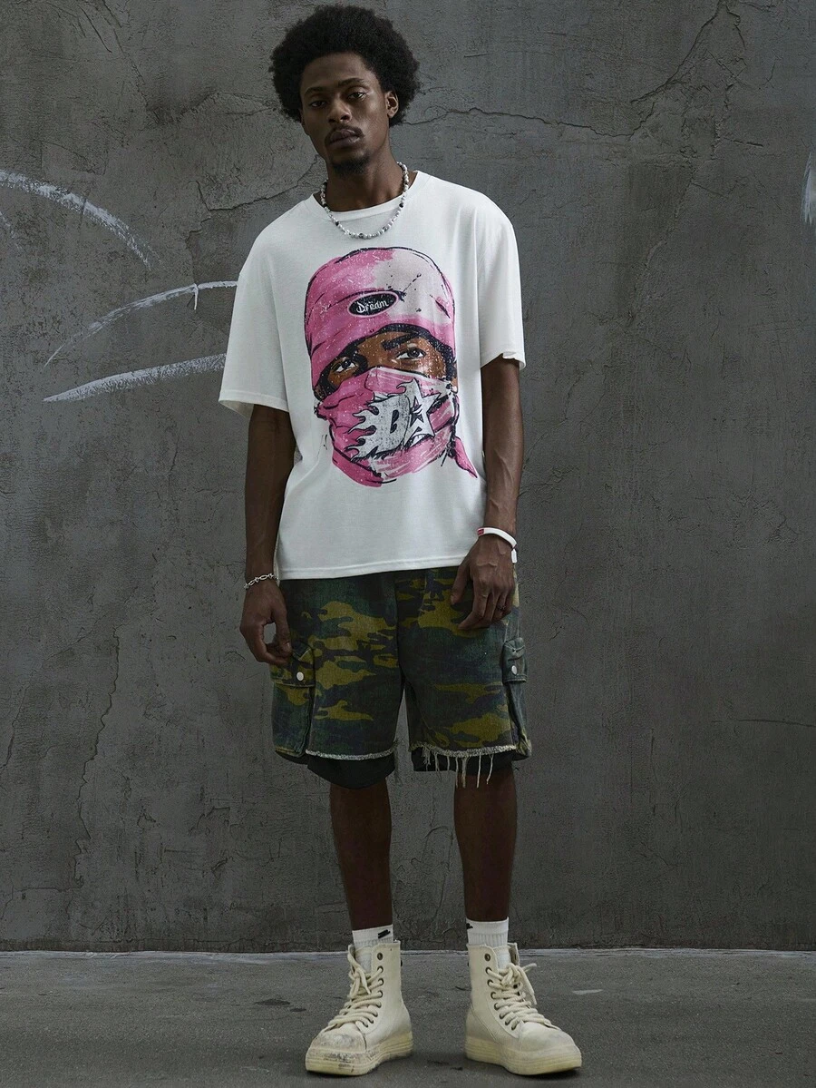 Manfinity Roghcode 男士街头风格超大粉色图案印花嘻哈 T 恤 - 白色 - 查看 1