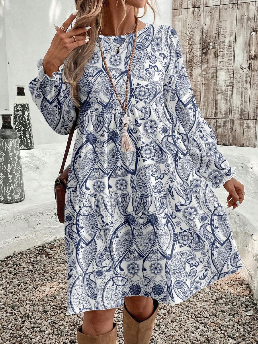 EMERY ROSE Women Multicolor Fabric Long Sleeve Knee Length Midi Dress With Paisley Print For Casual Wear