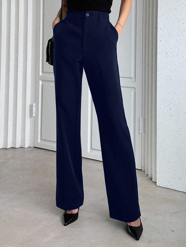 Business Casual Solid Color Straight Leg Pants Low Rise