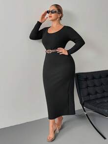 SHEIN PETITE CURVE Petite Plus Solid Scoop Neck Bodycon Dress - Black - View 6