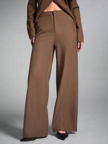 SHEIN BAE Damskie spodnie biurowe w jednolitym kolorze z wysokim stanem i szerokimi nogawkami, luźne, codzienne, brązowe spodnie damskie, spodnie damskie, stroje do pracy, strój biurowy, spodnie robocze na jesień/zimę - Kolor khaki - Zobacz 5