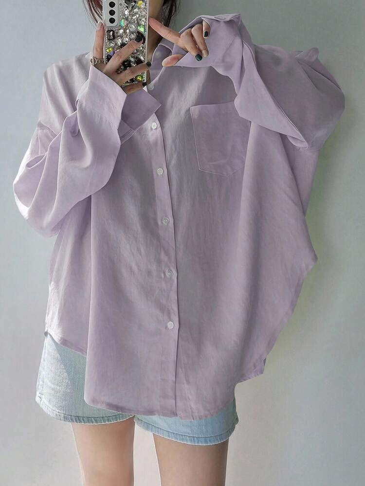 Women's Solid Color Oversized Turndown Collar Shirt,Fall Clothes Long Sleeve Top