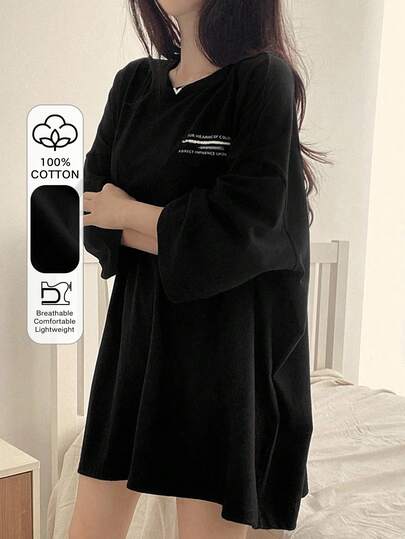 DAZY 女士夏季宽松圆领落肩袖休闲T恤，带标语印花超大码T恤