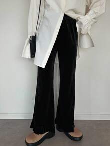 FRIFUL Women's Black Solid Color Elastic Waist Velvet Flare Leg Pants With Frill Trim Decoration, Autumn Ladies - Black - View 5