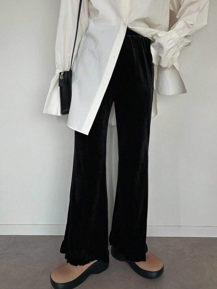 FRIFUL Women's Black Solid Color Elastic Waist Velvet Flare Leg Pants With Ruffle Hem Decoration, Autumn Ladies - Black - View 5