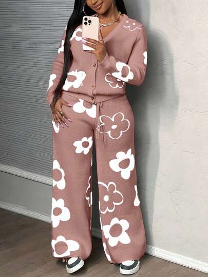 EURMUSE Women Floral Pattern Long Sleeve Single-Breasted Knitted Cardigan And Knitted Pants Casual Suit, Autumn/Winter