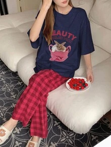 DAZY 2pcs/Set Cute Rabbit Print Top & Plaid Pajama Pants Sleepwear Set,Back To School Clothes