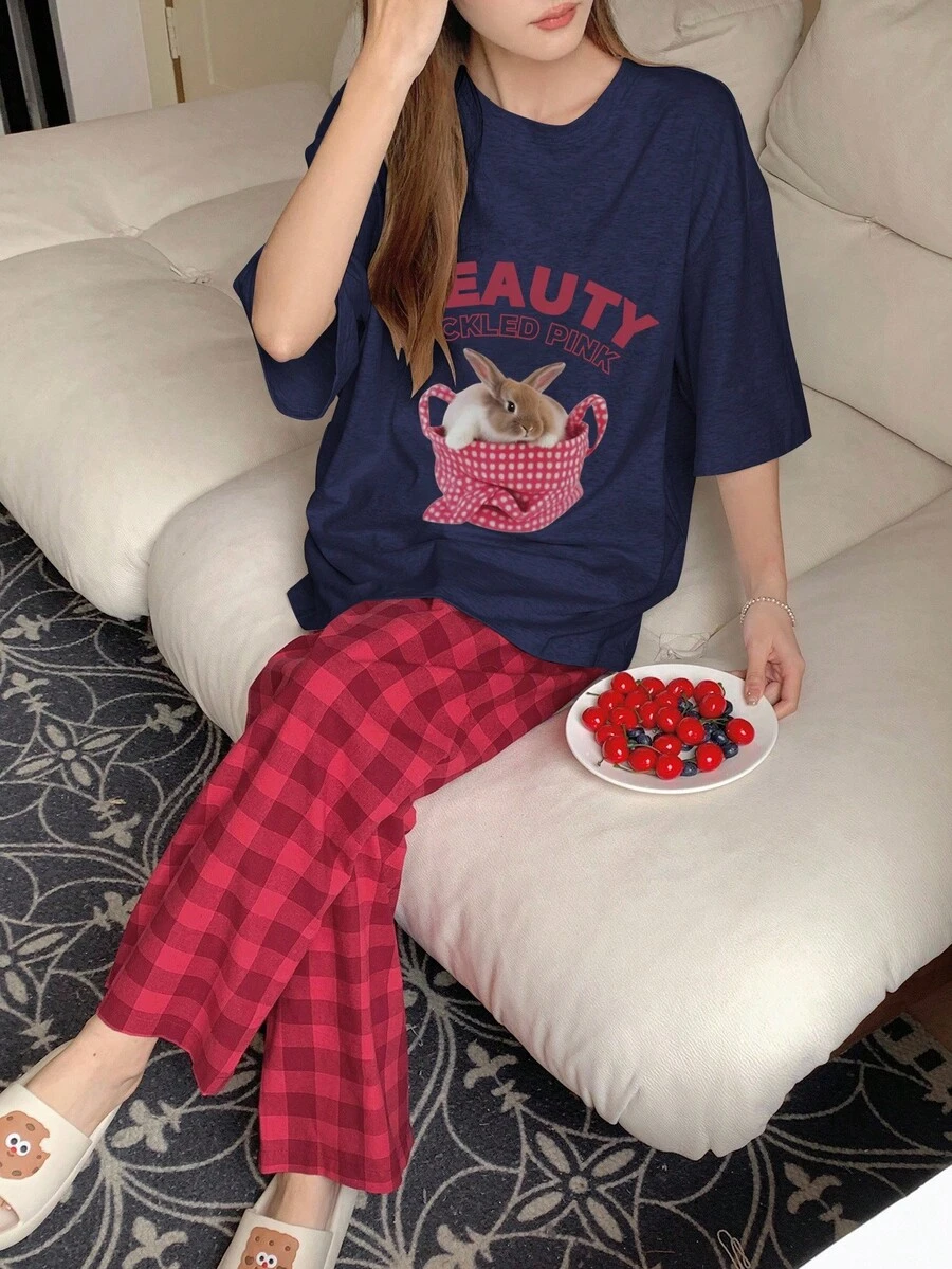DAZY 2pcs/Set Cute Rabbit Print Top & Plaid Pajama Pants Sleepwear Set,Back To School Clothes