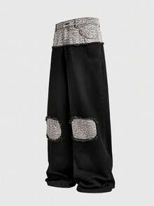 ROMWE MEN Grunge Punk Men's Leopard Print Patchwork Wide Leg Loose Fit Jeans - Black - View 10