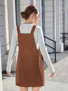 SHEIN 少女纯色灯芯绒口袋休闲吊带连衣裙女童工装裤灯芯绒工装裤棕色背带裙棕色工装裤女童休闲连衣裙工装裤女童秋冬 - 棕色 - 查看 2