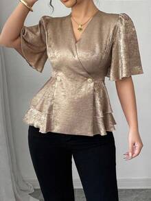 Elenzga 大码女式优雅十字交叉金属面料荷叶边袖修身休闲衬衫，百搭设计，适合通勤、派对、婚礼 - 金色 - 查看 6