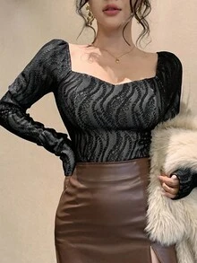 DAZY Camisa feminina elegante com forro térmico, blusa de manga comprida outono/inverno - Preto - Ver 6