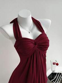 Comfortcana Women's Wine Red Twist Back Halter Neck Tank Top,Red Top