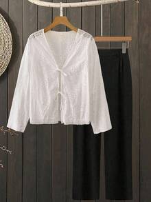 Lacomfia Plus Size Women's Hollow Out Lace-Up Long Sleeve Blouse Fall Cloth For Women