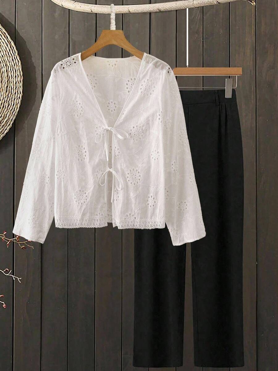 Lacomfia Plus Size Women's Hollow Out Lace-Up Long Sleeve Blouse Fall Cloth For Women