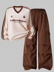 2pcs/Set Teenage Girls Casual Fashion Vacation Streetwear V-Neck Raglan Sweatshirt And Wide Leg Cargo Pants, Autumn/Winter Fall