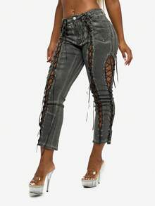 SUMWON WOMEN Quần jean bó denim cotton giặt có chi tiết ren ở hai bên, cạp cao, dáng ngắn - màu đen - Xem 5