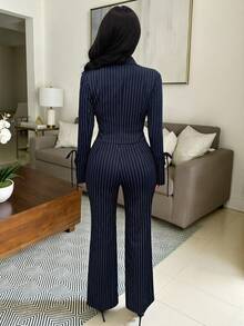 Chiquease 女士优雅条纹翻领长袖夹克和喇叭裤套装，秋季 - 藏蓝色 - 查看 2