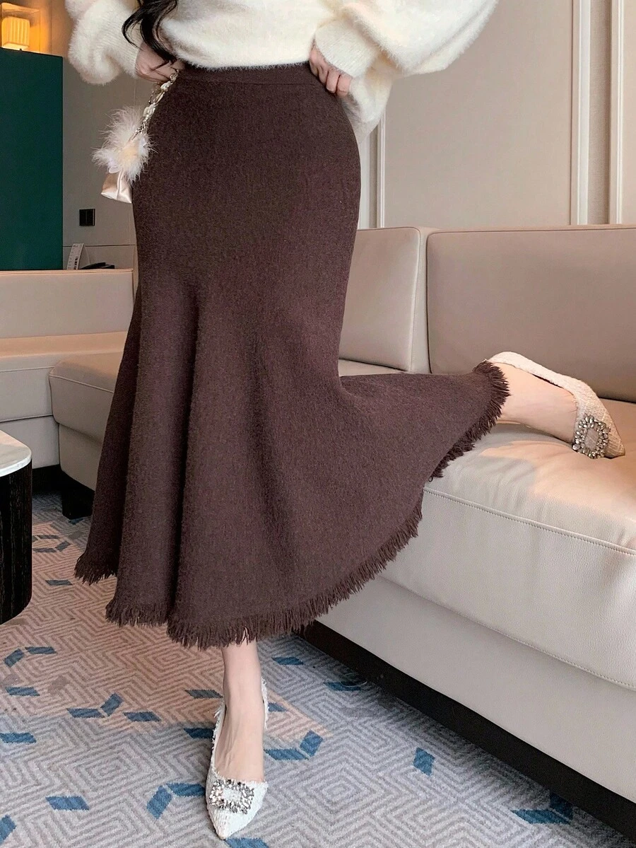 DAZY 女士优雅纯色鱼尾流苏毛衣裙,秋冬女装半身裙 - 咖啡棕 - 查看 1