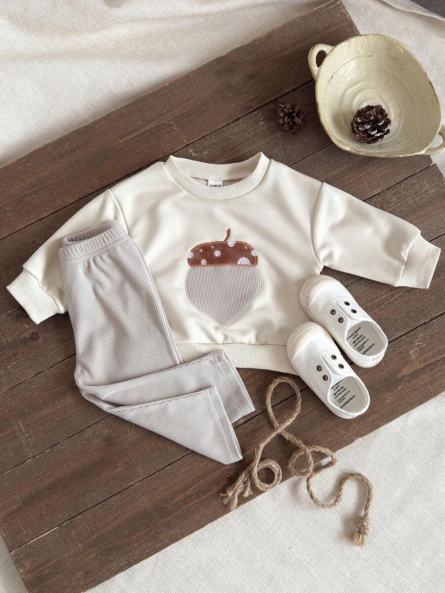 Vintaside Kids Baby Jungen Herbst süße Eichel Stickerei Langarm-Top & gestreifte Wollhose 2 Stücke Set
