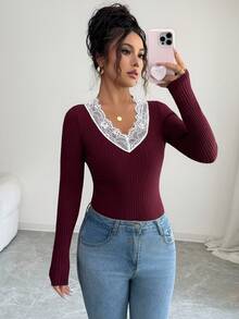 Elenzga Women's V-Neck Lace Patchwork Long Sleeve Knit Undershirt - Burgundy - View 3