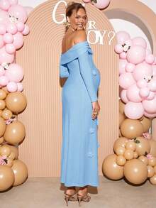 Loomaby 孕妇3D花卉装饰露肩连衣裙，蓝色 - 淺藍色 - 查看 2