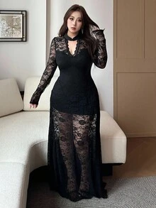 Vibekara Plus Size Women's V-Neck Long Sleeve Lace Patchwork Hollow Out Mermaid Elegant Vintage Cute Sexy Slim Maxi Dress Black Lace Dress Wedding Guest - Black - View 6