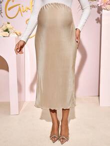 Loomaby Elastic Waist Casual Loose Maternity Skirt, Versatile For Everyday Wear Silk Skirt Slip Skirt Satin Skirt Pleated Midi Skirt