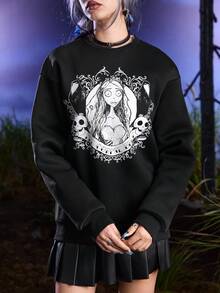 Corpse Bride X SHEIN 女式休闲深色字母与卡通人物图案落肩宽松套头衫 - 黑色 - 查看 5