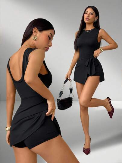 SHEIN PETITE Women Solid Color Minimalist Sleeveless Jumpsuit For Everyday Wear Black Romper Women Black Shorts Black Tie Front Romper Black Romper