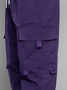 Claim Dot Men Cartoon Printed Drawstring Waist Flap Pocket Loose Jogger Cargo Pants, Fall - Purple - View 4