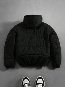 Manfinity Hypemode 男士纯色长袖拉链连帽休闲冬季外套，Y2K风格冬季服饰，送给男友的完美礼物，街头风、校园风和万圣节时尚单品 - 黑色 - 查看 2