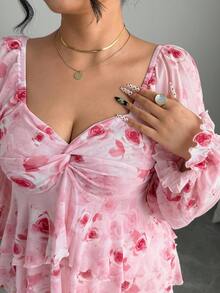 Elenzga Plus Size Women Elegant Pink Elastic Mesh Square Collar Long Puff Sleeve Ruffle Hem Blouse - Pink - View 5