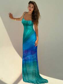 Aloruh Váy Maxi Boho hở lưng họa tiết lưới ombre cầu vồng phong cách nghỉ dưỡng mới lãng mạn nhiều màu - màu xanh lá - Xem 6