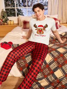 Manfinity CoupledUp Conjunto de pijama de manga corta con estampado de renos de dibujos animados de Navidad para hombres, conjunto de pijamas a juego para parejas, pijamas de Navidad, conjunto de pijamas para hombre, conjunto de ropa de dormir, pijamas de Navidad