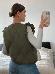 Siren Gaze Veste sans manches décontractée à col ouvert de couleur unie pour femmes, hiver - Militaire verte - Voir 2
