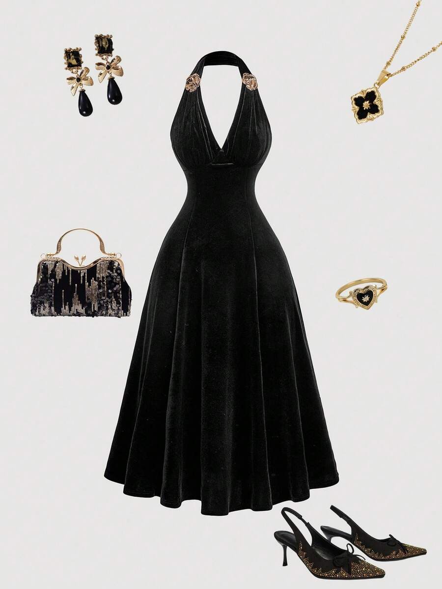 SHEIN MOD 女士金属 3D 花卉度假褶饰胸围黑色中长连衣裙、女士西装、女士优雅连衣裙、女士派对连衣裙、性感连衣裙、派对连衣裙、外出连衣裙、复古连衣裙、女士生日连衣裙、乡村音乐会服装 - 黑色 - 查看 1