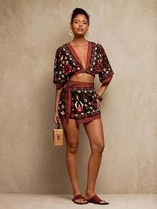 Travachic Women's Deep V-Neck Twist Back Tie Shirt And Floral Print Shorts Two Pieces Set, Vacation Style , Autumn Winter Clothes For Women,  Christmas Outfit For Women,  Going Out Outfit, New Year Look, Thanksgiving Outfits, Black Elegant Sets, Festival Two Piece Outfit, Boho Two Piece Set, - Multicolor - View 4