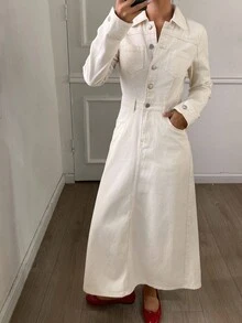 DAZY Váy denim túi trơn màu thường ngày cho nữ, mùa thu - Màu be - Xem 4