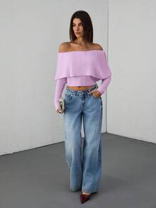 EURMUSE Casual Off Shoulder Bardot Ruffle Neckline Long Sleeve Sweater - Baby Pink - View 3