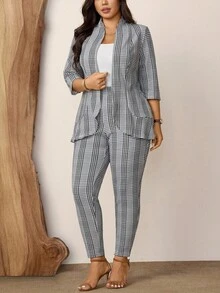 SHEIN PETITE CURVE 大码格子西装外套和裤子套装，女士商务休闲秋冬装 - 淺灰色 - 查看 7