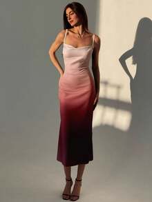 Women's Elegant Ombre Waist Cinched Midi Slip Dress, Summer