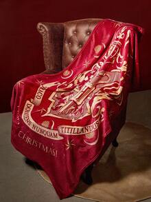 HARRY POTTER X SHEIN 1 Pieza Manta de franela con patrón escolar rojo clásico, suave y cálida, sin desprendimiento, disponible en varios tamaños, adecuada para sofá, cama, siesta, Navidad, ideas de regalo - Burdeos - Ver 2