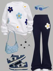 Girlism Tween Girls 外套套装 2 件套 Tween Girls 休闲花卉贴花连帽衫和运动裤套装，秋冬 - 藍白色 - 查看 1
