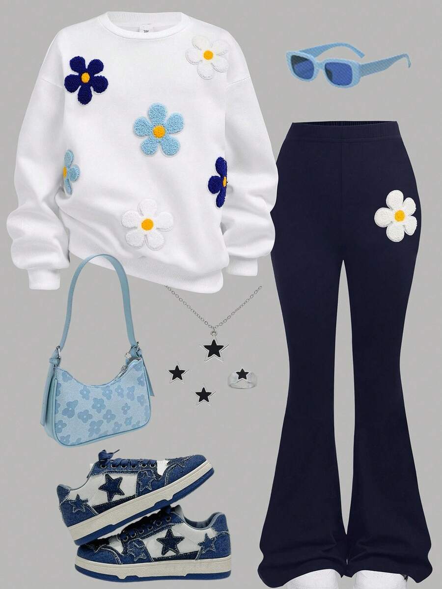 Girlism Tween Girls 外套套装 2 件套 Tween Girls 休闲花卉贴花连帽衫和运动裤套装，秋冬 - 藍白色 - 查看 1