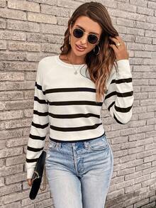 Easowa Casual Black & White Striped Round Neck Raglan Sleeve Women Sweater In Fall/Winter - Apricot - View 3